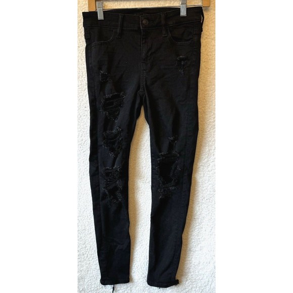 American Eagle Jeans Next Level Stretch Distressed Black Dark Wash Denim Size 0 - Picture 1 of 16